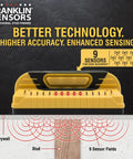Nine-sensor stud finder and wall scanner with live wire detection for precise locating of wood and metal studs behind walls