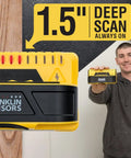 Nine-sensor stud finder and wall scanner with live wire detection, showing 1.5" deep scan feature, held by person indoors.