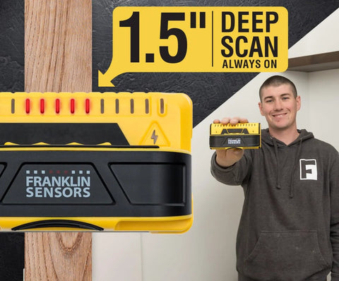 Nine-sensor stud finder and wall scanner with live wire detection, showing 1.5" deep scan feature, held by person indoors.