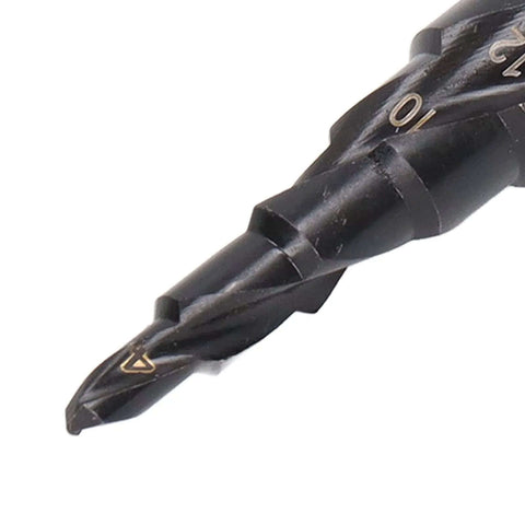 Close-up of Nine Step Drill Bit High Speed Steel Spiral Pagoda Hole Reamer With Non Slip Tip And Hex Shank, measured markings visible.