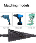 Nine Step Drill Bit High Speed Steel Spiral Pagoda Hole Reamer With Non Slip Tip And Hex Shank shown with three compatible drills