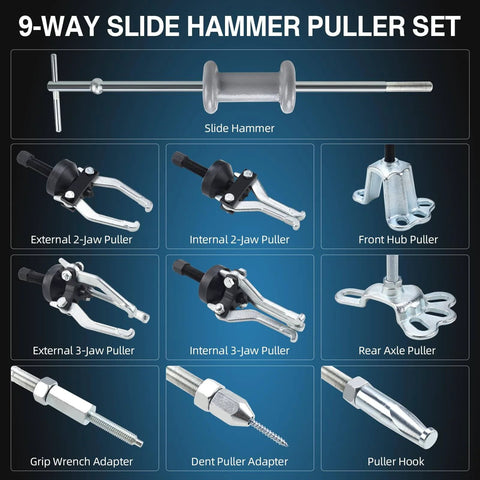 Nine Way Slide Hammer Puller Set for Front and Rear Axles with jaws, cross blocks, wrench, and dent remover tool displayed.