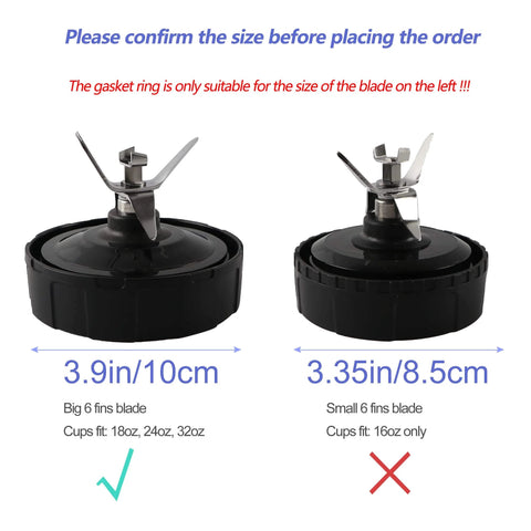 Comparison of two blender blade assemblies with sizes labeled 3.9in/10cm and 3.35in/8.5cm.