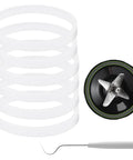 Six Piece Set Of 10cm White Rubber Sealing Gaskets O Ring Replacement For Ninja Juicer Blenders Auto IQ Series Seals That Keep Your Machine Leak Free And Running Smooth Compatible With BL2012 BL2013 BL480 BL481 BL482 displayed next to a juicer blade and tool