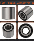 Pair Rear Wheel Hub Bearings For Nissan Versa 2012 To 2019 And Versa Note 2014 To 2019 No ABS BeefedUp HighQuality Replacement Using Kyodo Yushi AFI Grease Made In Japan LongLasting Wheel Hubs For Smooth Reliable Performance shown from multiple angles on a dark background.