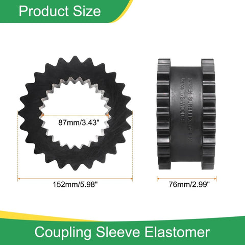 Front and side view of 9JE Coupling Sleeve Elastomer Gear Sleeve Insert In Nitrile Rubber 3.43in ID, 5.98in OD, 2.99in Elastomer Length
