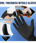 Black nitrile disposable gloves 5 mil latex free powder free, textured fingertips, highlighting elasticity and grease resistance.