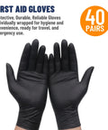 Nitrile Disposable Gloves 5 Mil Latex Free Powder Free Individually Wrapped, hands wearing black gloves, 40 pairs shown