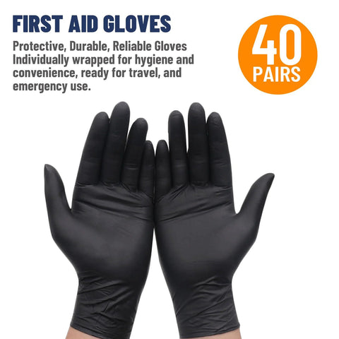 Nitrile Disposable Gloves 5 Mil Latex Free Powder Free Individually Wrapped, hands wearing black gloves, 40 pairs shown