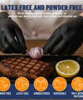 Chef wearing Nitrile Disposable Gloves 5 Mil Latex Free Powder Free Individually Wrapped, handling food on a plate.
