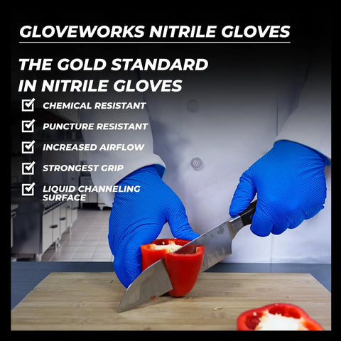 Person wearing Nitrile Disposable Gloves 6 Mil Latex Free Diamond Texture XX-Large Box Of 100 while slicing a red pepper