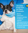 Person wearing Nitrile Exam Gloves Blue Large Latex Free Disposable For Medical EMT Use, holding a small dog