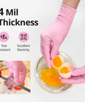 Nitrile Exam Gloves 4 Mil Medium Cherry Blossom Powder Free Latex Free Food Safe shown handling eggs and vegetables