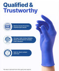 Nitrile Exam Gloves Dark Blue Large Disposable Latex Free Food Safe 100 Count displayed with safety certifications