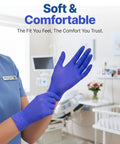 Person wearing Nitrile Exam Gloves Dark Blue Large Disposable Latex Free Food Safe 100 Count in a medical setting