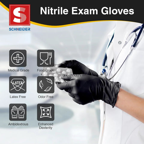 Nitrile Exam Gloves Latex Free Powder Free Disposable For Medical And Food Prep, doctor wearing black gloves holding medicine