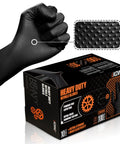 Nitrile Gloves 10 Mil Thick With Diamond Texture Puncture Resistant Powder Free on clenched hand and packaging