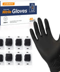 Nitrile Disposable Gloves 5 Mil Latex Free Powder Free Individually Wrapped, box with sealed black gloves and single glove displayed.