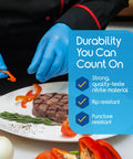 Chef wearing nitrile exam gloves handling food with text highlighting glove durability.