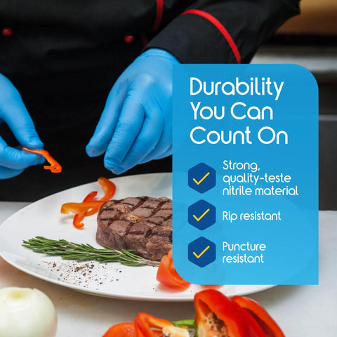 Chef wearing nitrile exam gloves handling food with text highlighting glove durability.