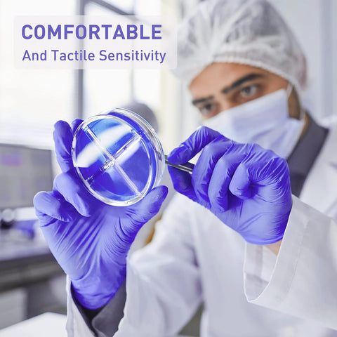 Scientist wearing Nitrile Gloves Powder Free Latex Free 4 Mil Ultra Strong Large 100 Count holding a petri dish