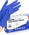 Nitrile Exam Gloves Dark Blue Large Disposable Latex Free Food Safe 100 Count with packaging and hands wearing gloves.