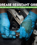 Person wearing 10 Mil Nitrile Heavy Duty Gloves with Diamond Grip for mechanics auto repair, using a wrench on a car engine.