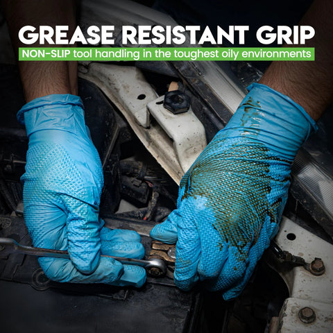 Person wearing 10 Mil Nitrile Heavy Duty Gloves with Diamond Grip for mechanics auto repair, using a wrench on a car engine.