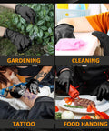 Black nitrile gloves used for gardening, cleaning, tattooing, and food handling, showcasing the versatility of puncture-resistant 10 mil gloves.