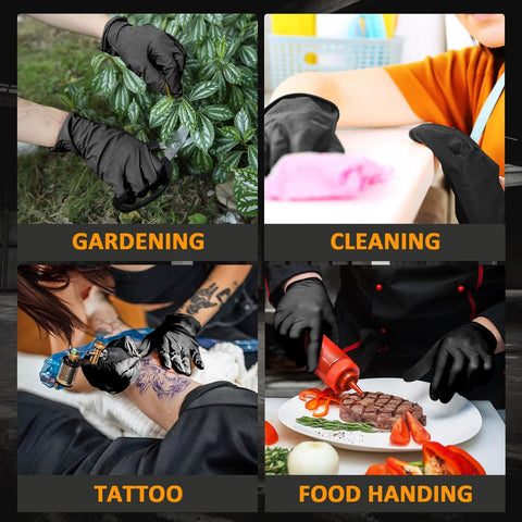 Black nitrile gloves used for gardening, cleaning, tattooing, and food handling, showcasing the versatility of puncture-resistant 10 mil gloves.