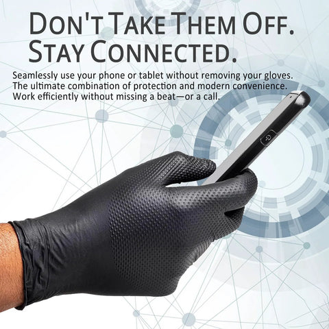 Heavy Duty Nitrile Gloves With Diamond Texture 8 Mil For Superior Wet Grip holding a smartphone