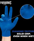 Blue Nitrile Disposable Gloves 6 Mil Latex Free Diamond Texture XX-Large close-up showing strong grip