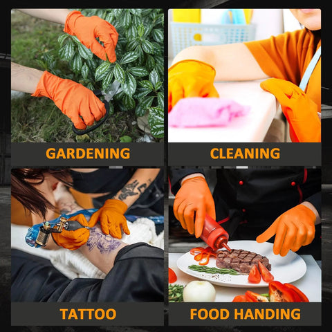 Heavy Duty Nitrile Gloves Diamond Texture Grip Powder Free Latex Free 100 Count in use for gardening, cleaning, tattooing, and food handling