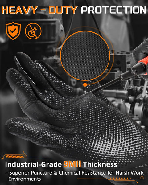 9 Mil Nitrile Gloves With Raised Diamond Grip Chemical Resistant Latex Free shown in automotive use
