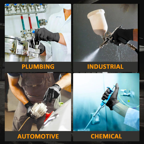 Nitrile Gloves 10 Mil Thick With Diamond Texture Puncture Resistant Powder Free, used in plumbing, industrial, automotive, chemical tasks