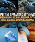 Collage of 5 Mil Nitrile Gloves XL Box of 100 Latex Free Mechanic Cleaning Gloves used in various tasks like mechanic and cleaning jobs.