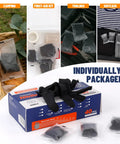 Nitrile Disposable Gloves 5 Mil Latex Free Powder Free Individually Wrapped box with gloves in various settings: camping, first-aid kit, toolbox, suitcase.