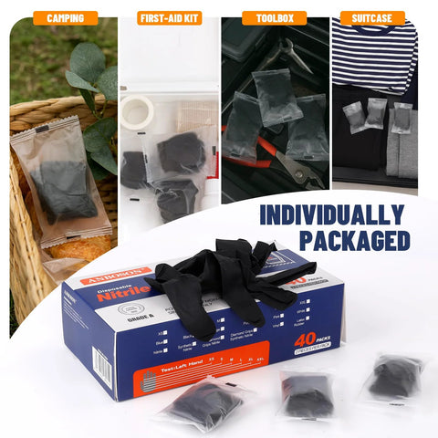 Nitrile Disposable Gloves 5 Mil Latex Free Powder Free Individually Wrapped box with gloves in various settings: camping, first-aid kit, toolbox, suitcase.