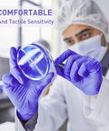 Person wearing heavy duty nitrile gloves handling glass dish, emphasizing comfortable fit for food handling, medium size, 100 count.
