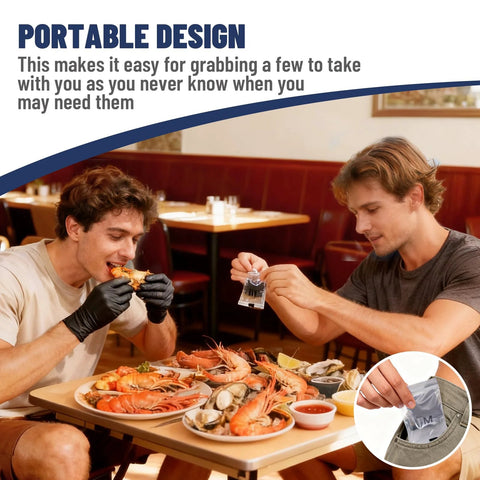 Two men eating seafood at a restaurant table; one wears Nitrile Disposable Gloves 5 Mil Latex Free Powder Free Individually Wrapped.