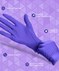 Person wearing Nitrile Gloves Powder Free Latex Free 4 Mil Ultra Strong Large 100 Count with text overlay highlighting features