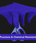 Close-up of blue Nitrile Disposable Gloves 6 Mil Latex Free Diamond Texture XX-Large Box Of 100 gripping scissors