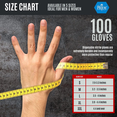 Hand measuring tape on 8 Mil Powder Free Nitrile Diamond Textured Gloves Heavy Duty XL 100 Pack size chart