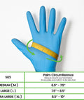 10 Mil Nitrile Heavy Duty Gloves With Diamond Grip For Mechanics Auto Repair showing sizing chart and blue glove with measuring tape.