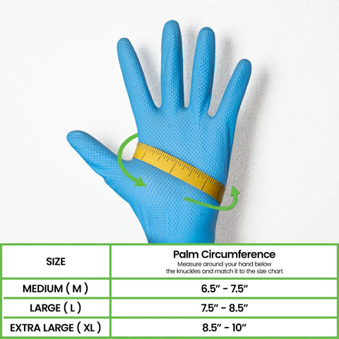 10 Mil Nitrile Heavy Duty Gloves With Diamond Grip For Mechanics Auto Repair showing sizing chart and blue glove with measuring tape.