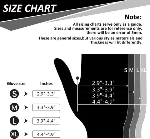 Size chart for Premium Nitrile Disposable Gloves 4 Mil Thick 100 Count Latex Free Powder Free Food Safe showing S to XL dimensions.
