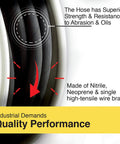 Close-up of black hose with labels, part of Retractable Oil Hose Reel With One Half Inch By Fifty Foot Premium SAE 100 R1AT Hose Max 2320 Psi.