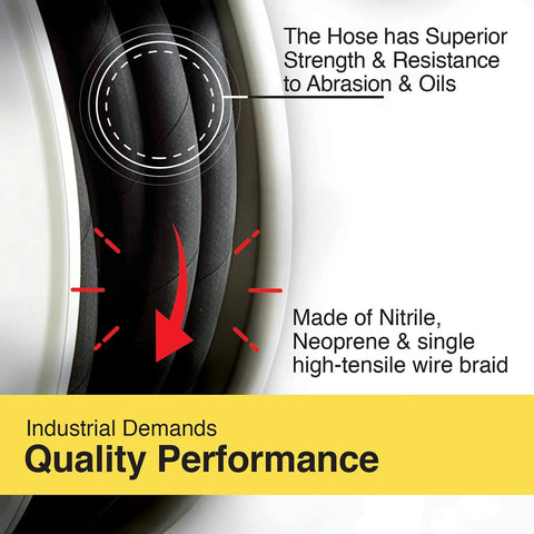 Close-up of black hose with labels, part of Retractable Oil Hose Reel With One Half Inch By Fifty Foot Premium SAE 100 R1AT Hose Max 2320 Psi.