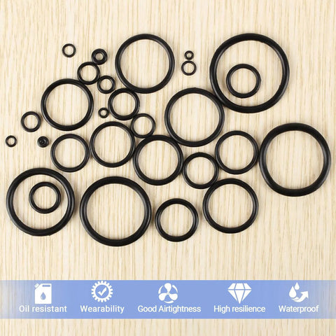 705 Piece O Ring Kit With 28 Metric Sizes, Premium Nitrile Black Rubber O Rings, shown in multiple sizes on a wooden surface.