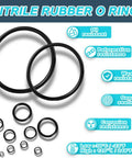 Nitrile rubber O rings showing oil, wear, deformation, and corrosion resistance with temperature ratings.